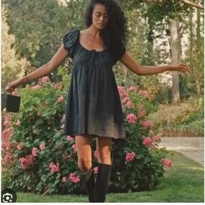 Doen Women's Sarria Ruffle Greek Isles Black Short Ramie Mini Dress Small